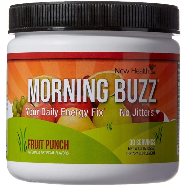 Morning Buzz Sports Energy Drink Mix by New Health, Pre Workout, Sports Nutrition Drink, Supports Lasting Energy, Endurance, Mental Clarity and Metabolism, 8 Ounce Powder Mix, 30 Servings Fruit Punch
