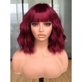 CoCrowns Short Wavy Wig with Air Bangs Shoulder Length Women's Short Bob Curly Wavy Black Synthetic Wig Soft Hair (Burgundy)