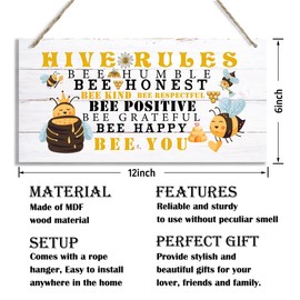 Hive Rules Sign, Bee Decor, Decorative Wood Hanging Wood Plaque, Wall Decor Art, Inspirational Wood Sign, Bees Kitchen Wall Decor, Honey Bee Decorations for Home Farmhouse, Spring Summer Decor