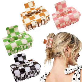4 Pcs Checkered Hair Claw Clips, Y2K Style, Strong Hold for All Hair Types, Cute Small Hair Clips for Women and Girls (4 Big Checkered)