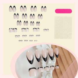 48Pcs Black French Tips Press on Toenails Light Pink Press on Nails Medium Almond Fake Nails with Designs Full Cover SkinTones False Toenails Glossy Summer False Nails for Women Girls DIY Manicure