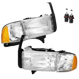 Reinko Headlights Assembly Compatible with 1994-2001 Dodge Ram 1500 Pickup, 94-02 Ram 2500 3500 (Non-Sport Models), Head lamp Set For 94-01 Ram 1500 Pair Driver & Passenger Side OE Replacement W/Bulbs