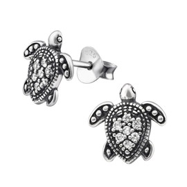 Bungsa Stud Earrings with Turtle and 7 Crystals 925 Sterling Silver, Silver, Created Cubic Zirconia