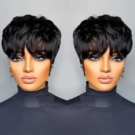 FREEKWEEN Short Black Human Hair Pixie Cut Wigs for Black Women Human Hair Glueless pixie Wig Layered None Lace Front Wig with Bangs Natural Straight Full Machine Made 1B Color