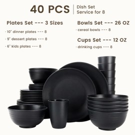 Homienly 40-Pieces Wheat Straw Dinnerware Set, Kitchen Plastic Wheat Straw Dinnerware Set - Service for 8, Unbreakable Lightweight Dish Set for Kitchen, Camping - Plates Set, Bowls, Cups Set(Black)