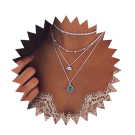 Inilbran Boho Layered Turquoise Choker Necklace Vintage Elephant Turquoise Necklace Silver Turquoise Elephant Pendant Necklace Multilayer Blue Gemstone Necklace Jewellery for Women and Girls, Zinc