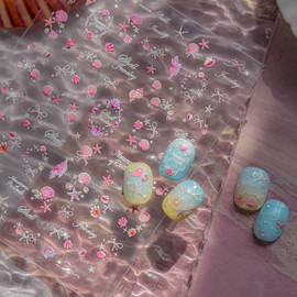 Shell Necklace Pattern Nail Art Stickers 5D Embossed Pink Starfish Bows Decals Acrylic Engraved Nail Stickers Ocean Theme Design Adhesive Sliders for Women Girl Manicure Decoration