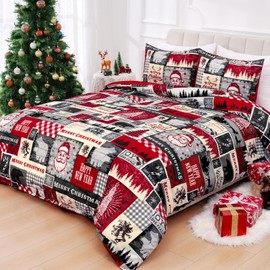 FRAMICS 3 Piece Christmas Duvet Cover Queen Size, Patchwork Plaid Duvet Cover Set with Zipper Closure, Vintage Red Santa Claus Comforter Cover Set 1 Duvet Cover 90 x 90 inches & 2 Pillow Shams