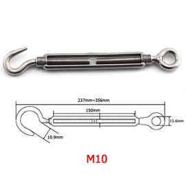 JCBIZ 2pcs M10 Turnbuckle Screw Hook to Eye Strainer Fence CO Open Body Draw-in Bolt 304 Stainless Steel Adjustable Wire Rope Tensioner