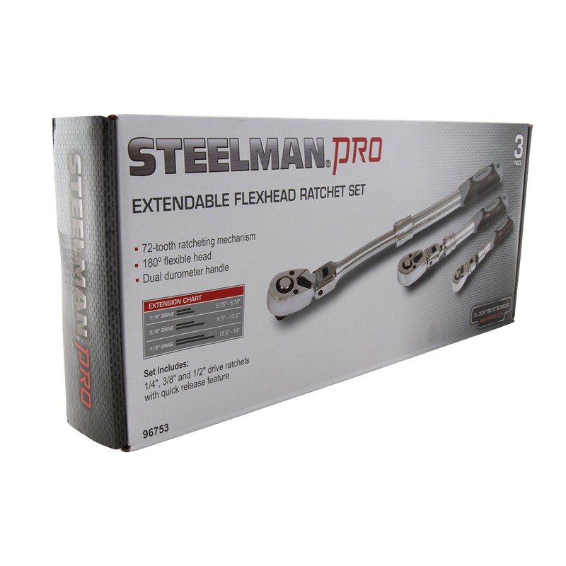 Steelman Pro 72-Tooth Extendable Flex-Head Ratchet Tool Set, 3-Piece (1/4,