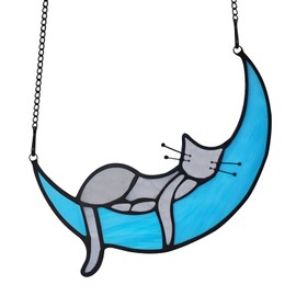 JIABEI Stained Glass Cat on Moon Gifts,Grey Cat Decor,Cat Suncatchers Decoration for Cat Lovers, Cat Stain Glass Window Hanging Memorial Gift Cat for Lover Cat Loss,Cat Gifts for Mom(Grey)