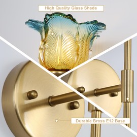 XIYOUVE 2 Pack Gold Wall Sconce with Modern Flower Glass Shades, Modern Mid Century Bathroom Vanity Wall Light Fixtures, Industrial Brushed Brass Wall Lamp, for Bedroom Mirror Living Room
