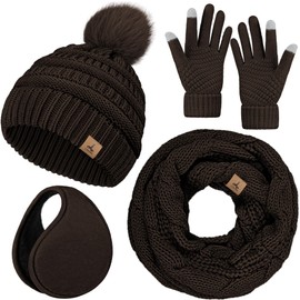 Winter Gloves Hat Scarf Earmuff, Coffee Touch Screen Gloves Plush Ear Warmth Beanie Knit Warm Scarf Winter Sets for Women