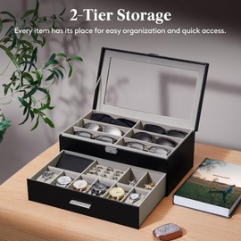 Lifewit 2- layer Sunglasses Organizer with Glass Lid, 6 Slots eyeswear and Watch box, Spaces for Rings, Brooch, Multiple Eyeglasses Display Case for Men, Inky Black, 35 x 20 x 13 cm/14 x 8 x 5 inch