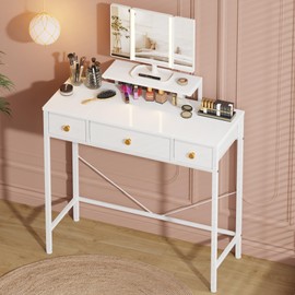 HIGDBFE Makeup Vanity Desk with Mirror and Lights & 3 Drawers, Small Vanity Desk with Height-Adjustable Stand, Dressing Vanity Table for Bedroom and Small Spaces, Fabric Drawer, 27.5'', White