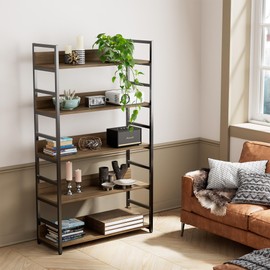 Beskadi 5-Tier Industrial Soild Wood Bookshelf - 55’’H Heavy Duty Open Etagere Bookcase with Metal Frame, Extra Tall Bookshelves, Vintage Rustic Display Shelving Unit Organizer for Home Office, Brown