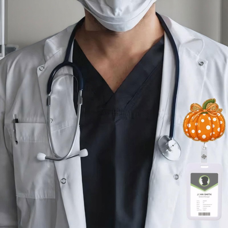 Halloween Badge Reel Retractable Cute Fall Pumpkin Polka Dots Acrylic