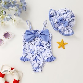 Happy Town Baby Toddler Girl Swimsuit Infant One Piece Bathing Suits Summer Beach Swim Suit for Girls(Blue Flowers 3-4T)