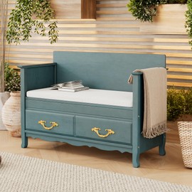 LUMISOL Retro Storage Bench Entryway Bench with Removable Cushion and Hidden Storage Wooden Shoe Bench with Rack for Entryway, Living Room, Bedroom, Antique Turquoise