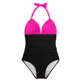 RXRXCOCO V Neck One Piece Swimsuits for Women Tummy Control Ruched Swimwear Halter Bathing Suit for Women Black and Hot Pink X-Large