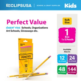 E-CLIPS USA Pencils Bulk, Number 2, Pre-Sharpened, 12 Boxes (12 Pencils Per Box)