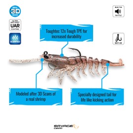 Savage Gear Manic Shrimp RTF V2 Soft Plastic Fishing Bait, 3/8oz, New Penny, Realistic Contours, Colors and Movement, Durable Construction, Weighted Ultra-Sharp Jig Hook