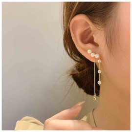 Yheakne Boho Pearl Drop Earrings Gold Pearl Ear Jacket Earrings Long Ball Dangle Earrings Pearl Bead Tassel Earrings Jewelry for Women and Girls