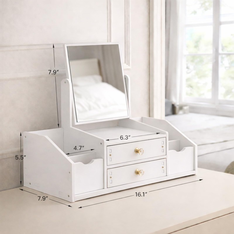 Polpcygne Makeup Organizer with Square Mirror, Vanity Organizer with Drawers