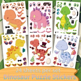24 Sheets Make Your Own animall Stickers, Make a Face Sticker Sheets for Kids, Animal Face Stickers with Dinosaur, for Kids Crafts Party Activities Favors