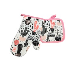 Oven Mitt Oven Glove and Pot Holder Heat Resistant Oven Mitts Kitchen Gloves Funny Design (Cactus Pink)