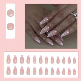 Mkwntg Pink French Tip Press on Nails Medium Almond Fake Nails Glossy Glue on Nails Stiletto Acrylic Nails with Pearls Design Cute Nude Pink Coffin False Nails for Women Girls Nail Decoration 24Pcs