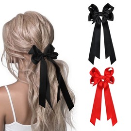 Dalababa 2 Pcs Bow Hair Clips with Long Ribbon, Large Hair Bows for Girls Silky Satin, French Solid Color Bowknot Ponytail Holder Hairpin Barrettes Accessories for Girls Women (Black, Red)