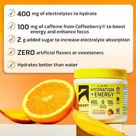 Ascent Clean Hydration + Energy Electrolytes Powder - 100mg of Caffeine & 400mg of Electrolytes, No Artificial Sweetener – Orange Mango, 40 Serving