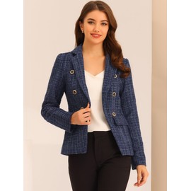 Allegra K Women's Elegant Plaid Jacket Long Sleeve Open Front Tweed Blazer X-Small Dark Blue