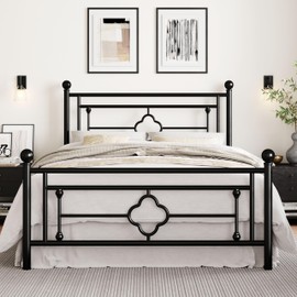 SHA CERLIN 14 Inches Queen Size Metal Platform Bed Frame/Vintage Iron-Art Headboard and Footboard/Mattress Foundation for Storage/No Box Spring Needed/Noise-Free/Easy Assembly/Black
