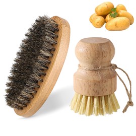 Pack of 2 Potato Brush, Vegetable Brush, Wooden Vegetable Brush, Mushroom Brush, Palm Brush, Cup Brush, Washing Up Brush, Mushroom Brush, Potato Brush for Kitchen, Sink, Non-Slip Fruit Brush