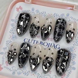 Black Full Stone Gra Handmade Nail Tip Pedi Tip - Oval XL / 블랙 풀스톤그라 수제네일팁페디팁 - 오벌XL