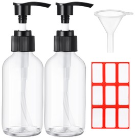 Fumete 2 Pack Glass Bottles 4oz Empty Refillable Liquid Containers with 1 Label 1 Funnel for Essential Oils Hair Travel Plants Cleaning Skin Care(Clear, Black Top,Pump Bottle)