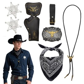 SAIIURV 7-Piece Cowboy Fancy Dress Accessory Set for Men, Cowboy Outfit Kit with Paisley Bandana Holster Belt Bolo Buckle Tie Necklace Sheriff Badge for Carnival Fancing Cosplay (Black)