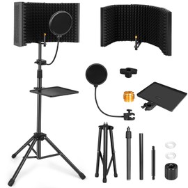 GYXZ Mic Isolation Shield with Stand Curved Panel for Microphone, Foldable Mic Shield with Triple Sound Insulation, Studio Mic Sound Absorbing Foam Reflector for Sound Recording, Podcasts
