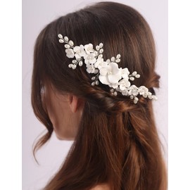 BERYUAN White Flower Pearls Wedding Hair Comb Elegant Flower Pearls Hair Side Comb Silver Bridal Hair Comb for Wedding Handmade Pearls Flower Bridal Headpiece for Women Girls