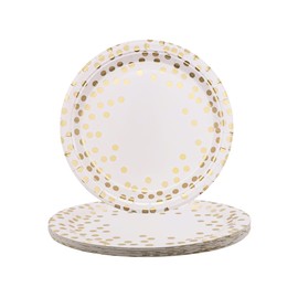 TOPWAYS Disposable Paper Plates, 7inch 25 Pcs White Champagne Gold Dot Large Paper Plates Party Tableware Dinnerware Disposable Dish Platess for Weddings Birthday Engagement Christmas BBQ Picnics