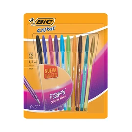 BIC Bolígrafo Cristal Fashion Punto Grueso 1.2mm Colores Vivos Escritura Suave y Fluida Surtido de Colores 10 Piezas