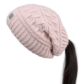 Ever Bloom Women's Knitted Hat with Cable Hole, Made in the EU, Beanie Hat for Women and Girls, Warm Knitted Winter Hat, pink