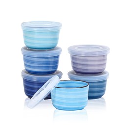 Selamica 4 oz Ramekins with Lids Oven Safe, Creme Brulee Souffle Dishes Ramekins with Covers, Porcelain Custard Cups for Baking, Stackable Mini Ramekin Bowls for Pudding Dip Sauces, Set of 6, Gradient Blue