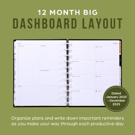 Happy Planner Disc-Bound 12-Month Jan.–Dec. 2025 Daily, Weekly, and Monthly Planner, Big Size, Dashboard Layout, Modern Texture, 72 Pages, 12 Dividers, 2 Sticker Sheets, 21.59 x 27.94 cm (8.5" x 11")