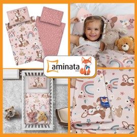 Aminata kids Children's Bed Linen 100 x 135 cm Girls Deer Fawn Forest Animals Animal Motif Children's Reversible Bedding Set with Rainbow Pink Brown Baby
