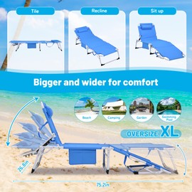 AYJOIR 3 in 1 Sun Tanning Chair Oversized with Mat&Face Arm Hole, Folding Chaise Lounge Chairs, 5-Position Outdoor Folding Lounge Chair/Pillow, for Beach, Pool, Lawn, Yard, Patio (Blue)