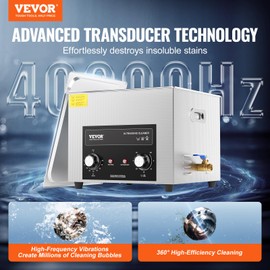 VEVOR 15L Sonic Cleaner with Heater Timer & Basket, Professional Digital Sonic Cavitation Machine, 360W Cleaning Machine for Lab Tools, Metal Parts, Carburetor, Brass, Auto Parts, Engine Parts
