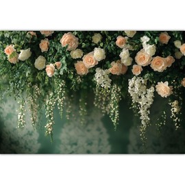 7X5FT Greenery Flower Wall Backdrop, Spring Pink Rose Floral Photography Background, Happy Birthday Wedding Party Decoration Banner, White Flower Portrait Photo Booth Shoot Props (Polyester)